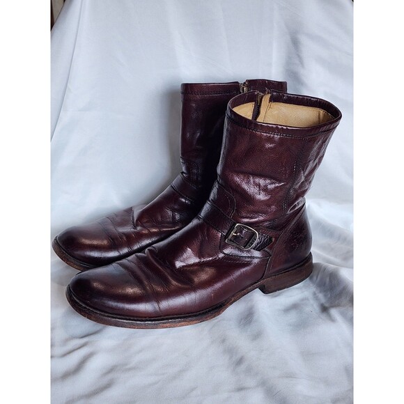 Mens Frye Leather Phillip Buckle Moto Boots Cognac Distressed 11.5 D Inside Zip - Picture 1 of 16
